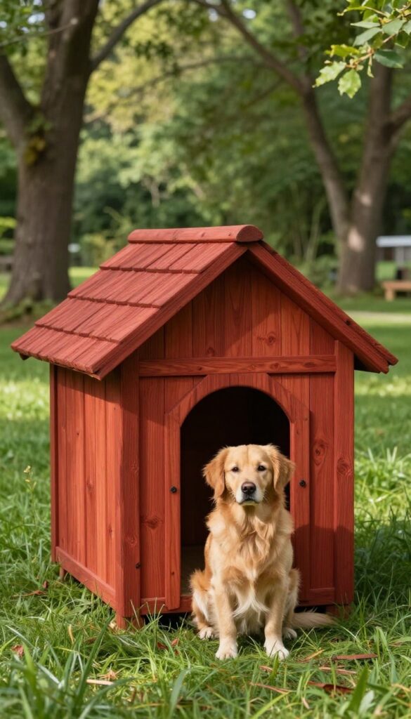 Redwood dog house with slanted roof and golden retriever in backyard