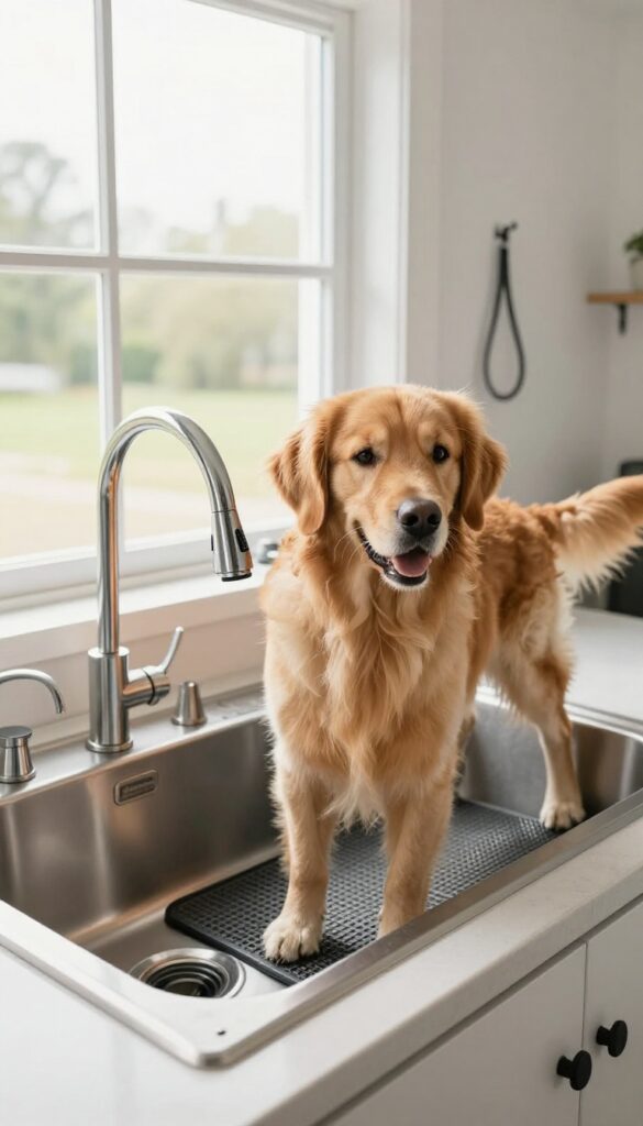 A dog standing in a stainless steel utility sink in a garage, with a spray nozzle and non-slip mat, ready for a bath.
