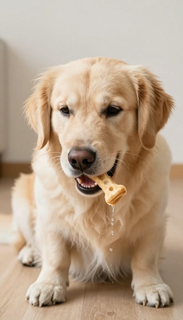 A dog chewing on a dental chew treat to help reduce mouth staining, shown in bright natural light with a clean, photorealistic style suitable for a dog blog.