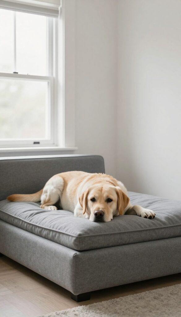 Dog resting head on bolster bed in sunny living room