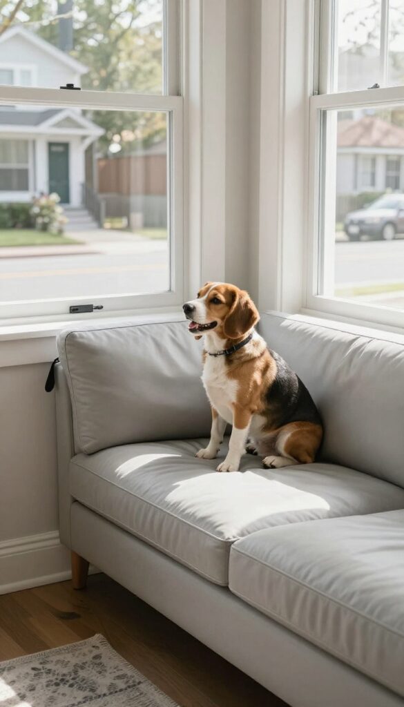Built-in window perch for dogs with cushion and safety strap, dog looking outside.