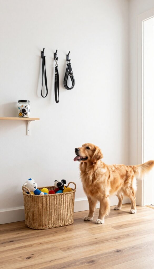 Dog pulling toy from a wall-mounted bin in organized entryway with hooks for leashes and jar for poop bags