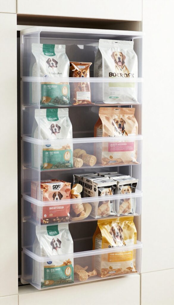An over-the-door organizer on a pantry door storing small bags of dog food and treats in clear pockets, illustrating a smart storage solution for pet owners in small spaces.