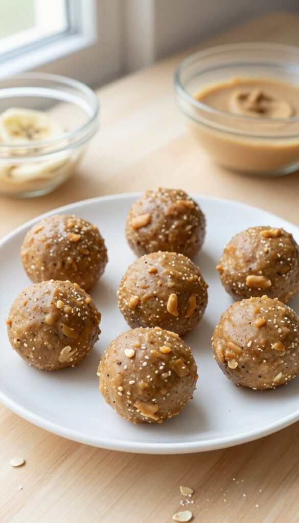 Homemade soft peanut butter banana dog treats on a plain plate, showcasing their moist texture and natural ingredients in a bright, clean setting.