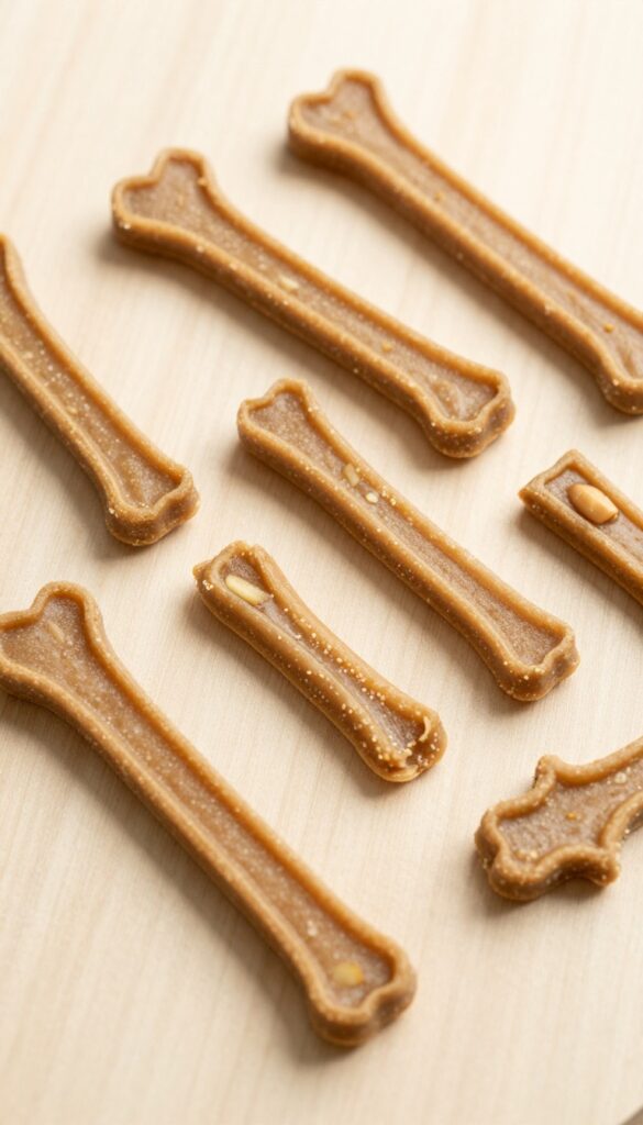 Homemade peanut butter apple chews for dogs, showing flexible strips with grated apple specks, on a plain wooden surface in natural light.