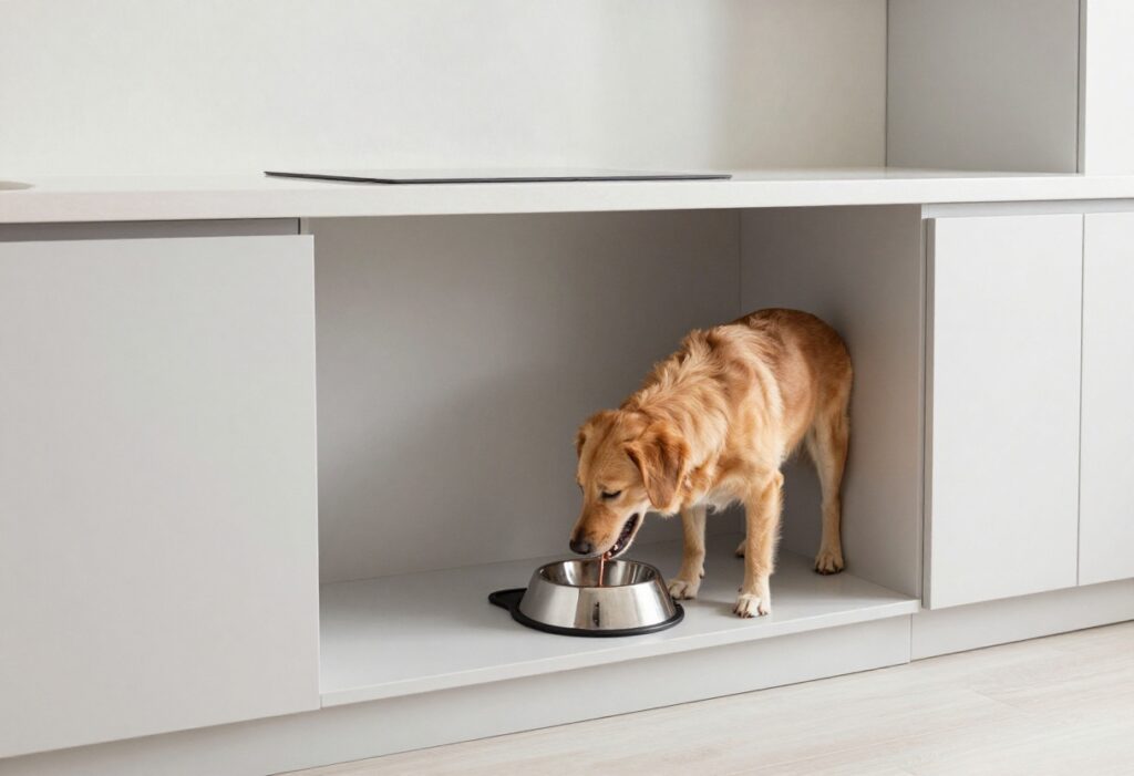 A dog eating from a built-in bowl station in a kitchen cabinet, showcasing a tidy and functional pet feeding setup.