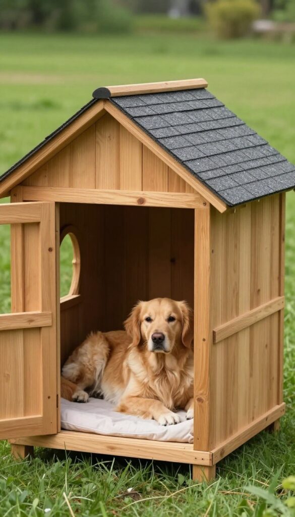 Dog house with lean-to porch extension, shaded area where a golden retriever rests outdoors