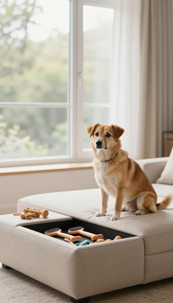 A realistic photo of an ottoman with hidden storage for dog supplies in a tidy living room, showcasing pet organization without clutter.