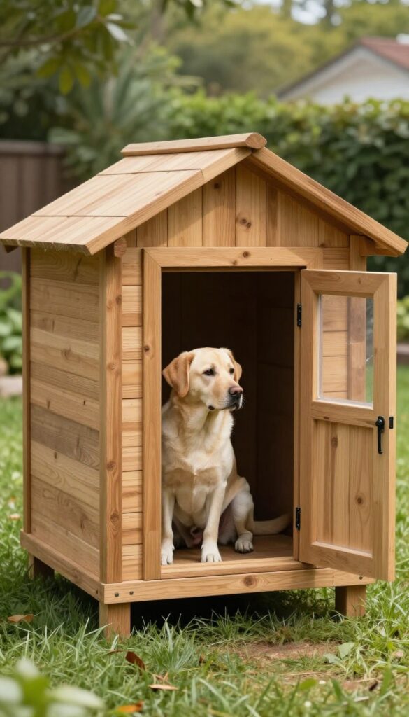 Heavy-duty cedar dog house with hinged door and clear plastic flap in a sunny backyard, with a Labrador Retriever beside it.