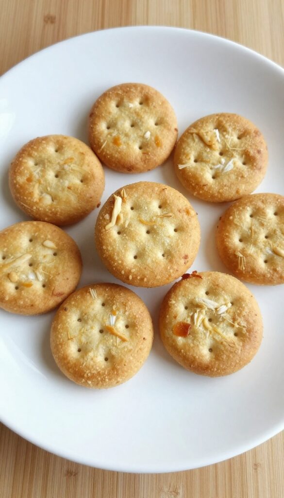 Homemade chicken and rice cracker bites for dogs, showcasing dry, crunchy treats with shredded chicken on a plain plate in natural light.