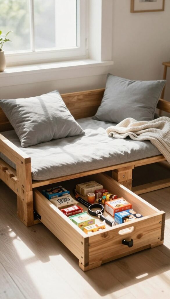 Pallet dog bed with pull-out drawer for storage in a bright room