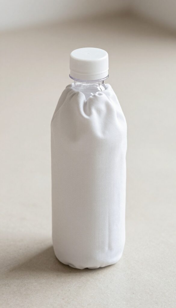 A DIY dog toy made from a plastic bottle wrapped in fabric, showcasing a simple and budget-friendly accessory for dog entertainment.