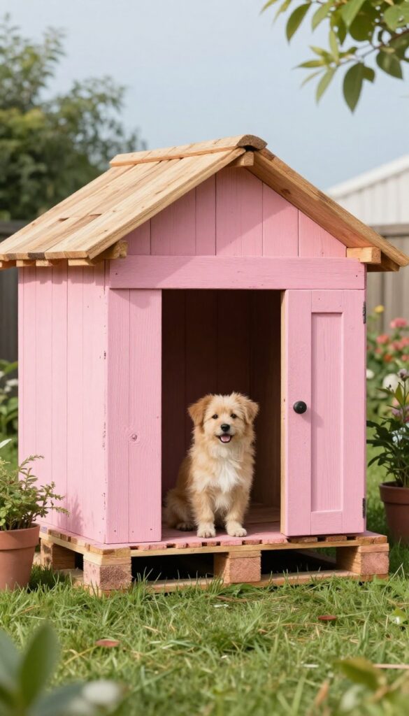 Rustic pink pallet dog house in a sunny backyard with a dog sitting beside it.