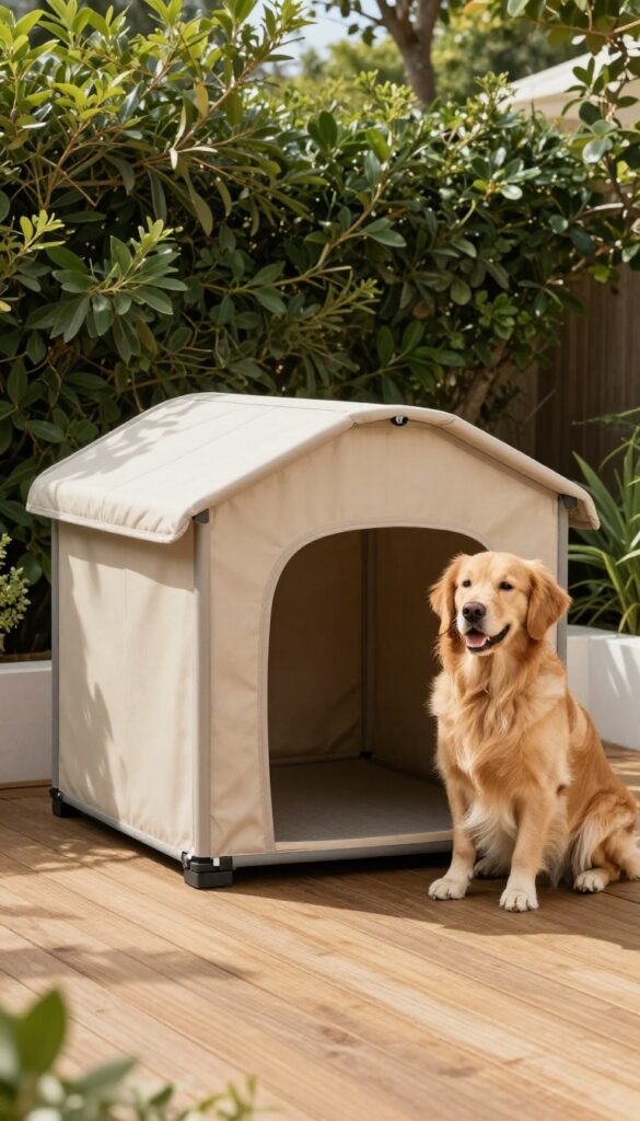 Portable dog house on backyard patio under a tree