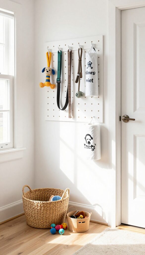 A toy and gear wall with a pegboard holding dog leashes, toys, and waste bags in a bright entryway.