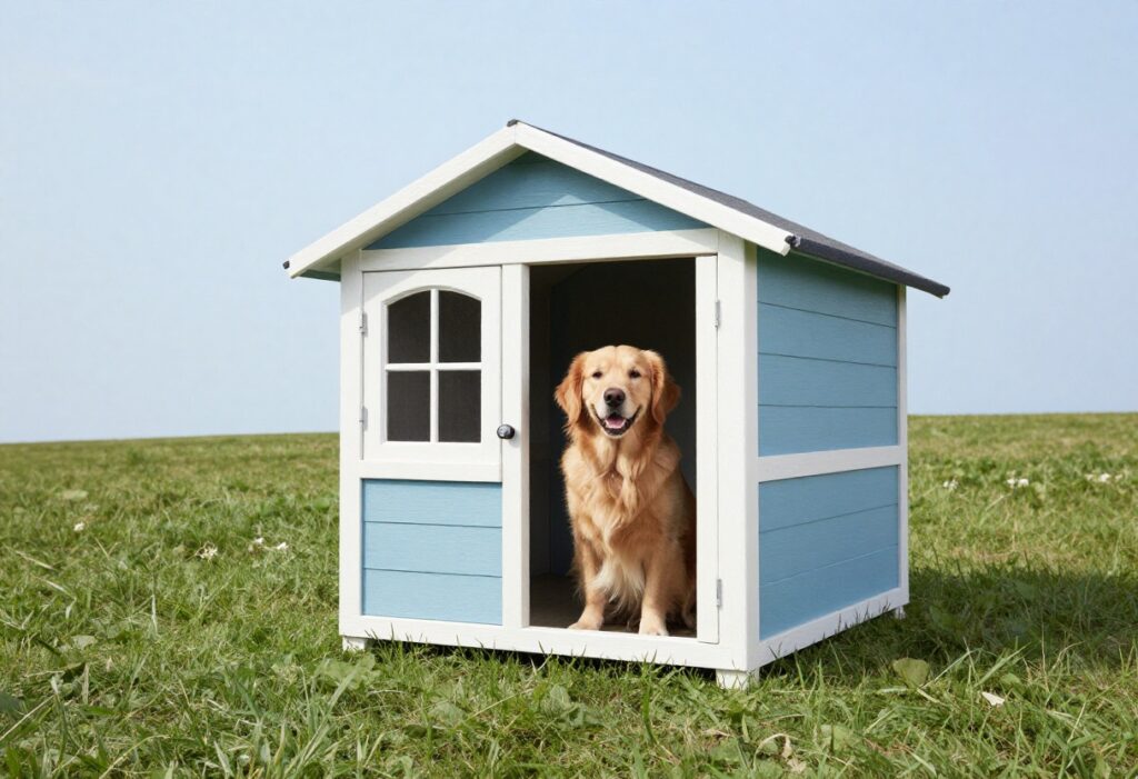 A blue dog house with white trim on a sunny lawn, with a golden retriever peeking out.