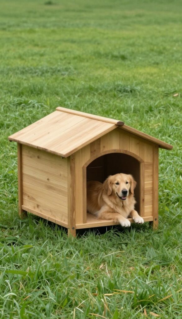 Elevated dog house with deck in side yard, dog lounging on deck