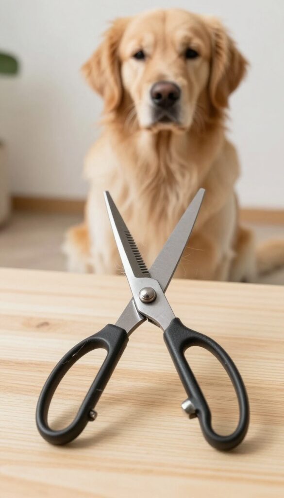 Blending shears for dog grooming on a wooden surface with a Golden Retriever in the background, demonstrating seamless coat transitions in bright natural light.