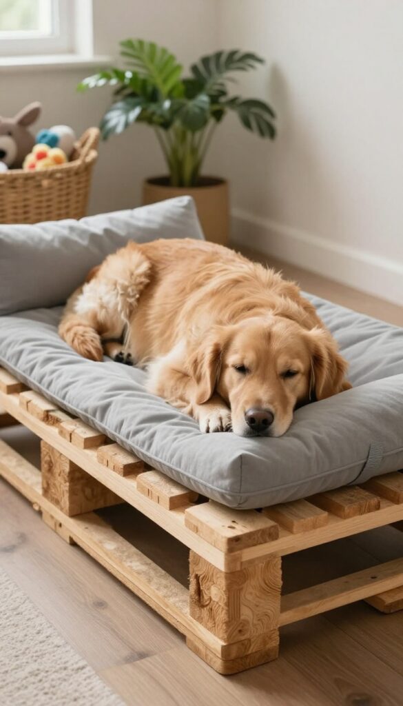 Pallet dog bed with bolster headrest, dog sleeping comfortably