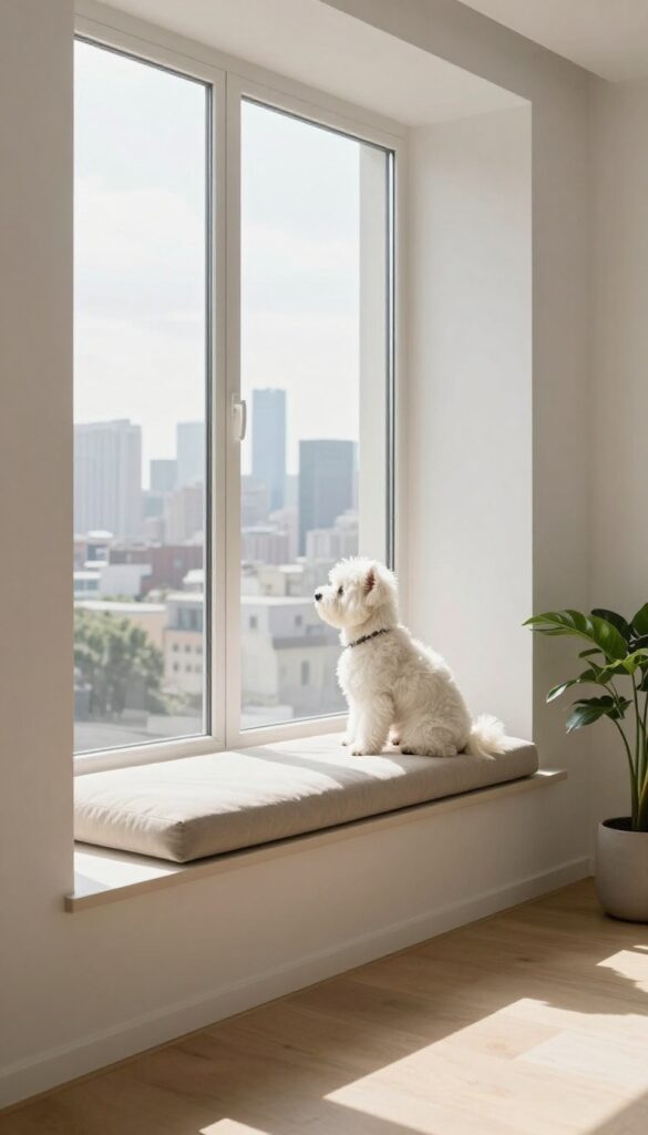 A small white dog sitting on a cushioned window perch in a bright apartment, looking outside at the city.