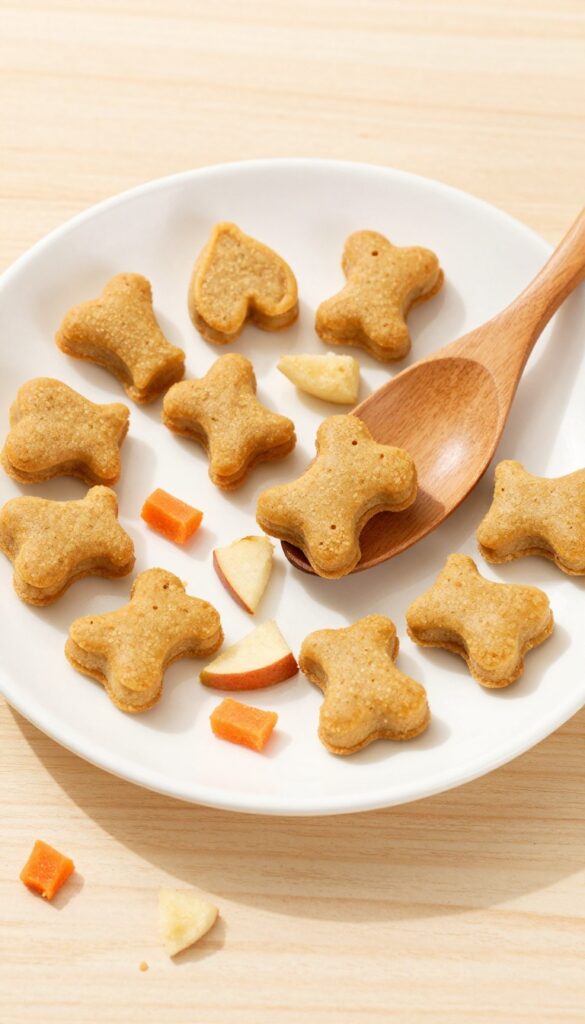Homemade apple carrot soft chews for dogs, arranged on a white plate with grated ingredients nearby, in a bright, clean kitchen setting.