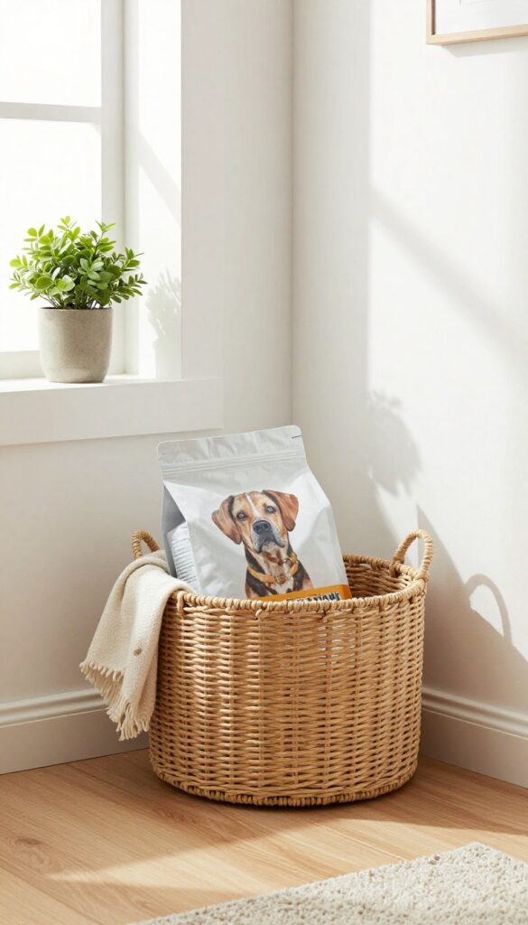 A decorative woven basket containing dog food in a modern living room corner, showcasing pet food storage as a stylish home accent.