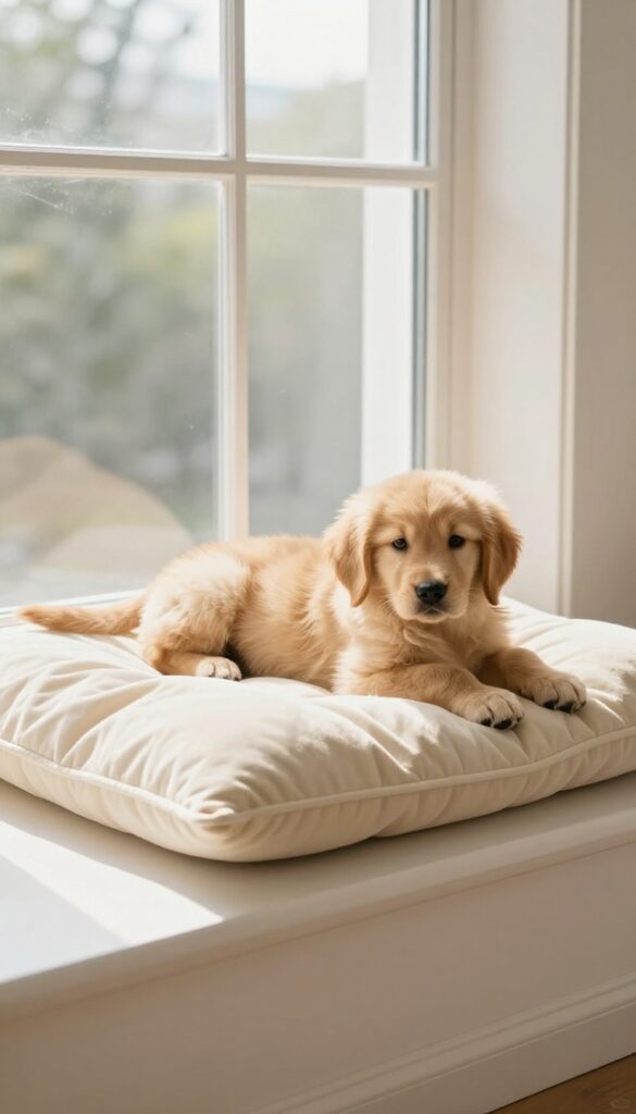 Cozy window nook with a dog cushion, a small golden retriever lounging and looking out the window, bright natural light, clean and inviting composition.