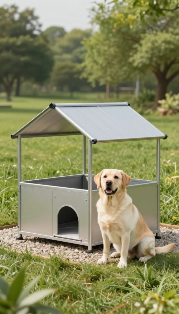 Metal dog house with removable roof partially lifted, clean interior visible, dog sitting nearby, outdoor setting with gravel base and grass, photorealistic bright natural light