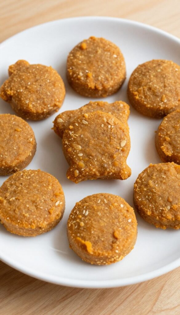 Homemade pumpkin and oat digestive dog treats on a plain white plate, showcasing a fiber-rich snack for dogs with natural ingredients and a soft texture.