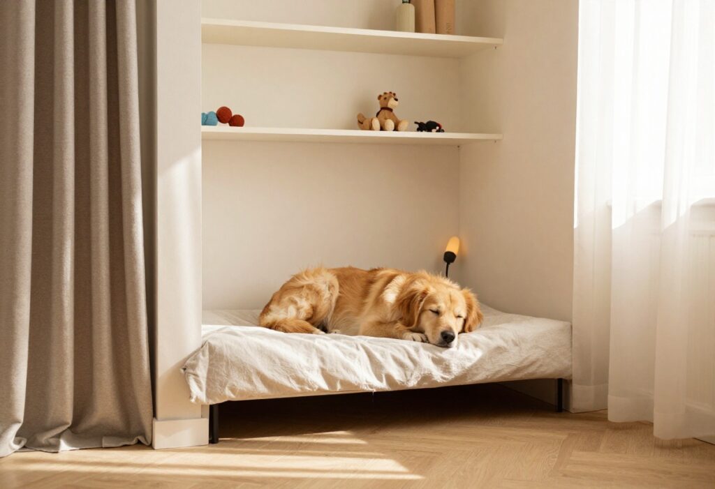 Cozy closet dog den with a dog resting on a bed inside