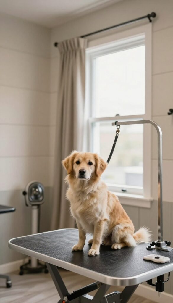 A quiet dog grooming shop interior featuring soundproofing materials like acoustic panels and thick curtains to reduce noise, with a relaxed dog on a grooming table in bright natural light.