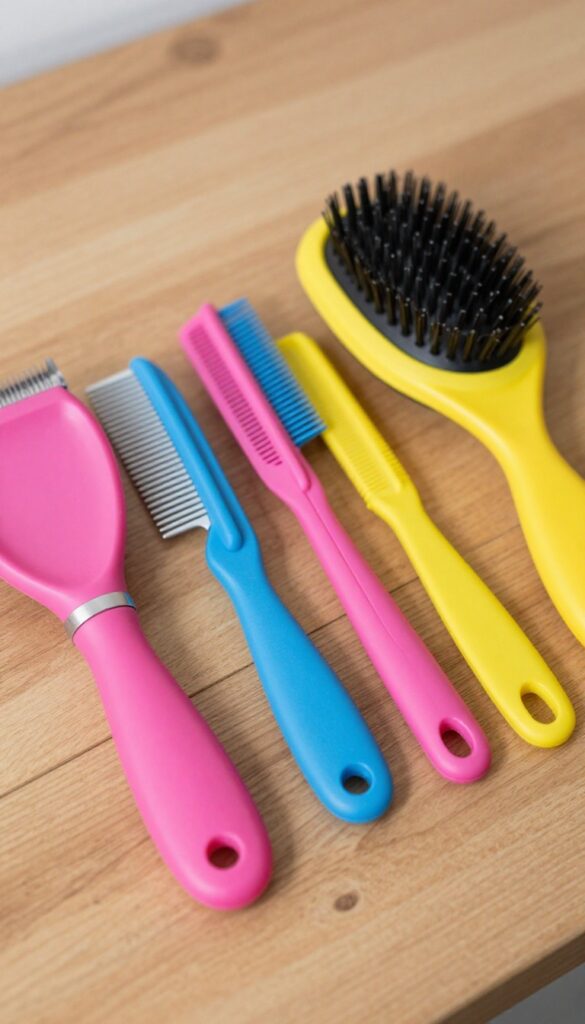Brightly colored ergonomic dog grooming tools arranged on a wooden surface in natural light
