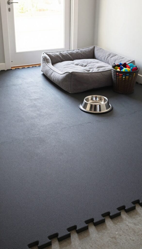 Garage corner with rubber mat flooring, dog bed, water bowl, and toy bin