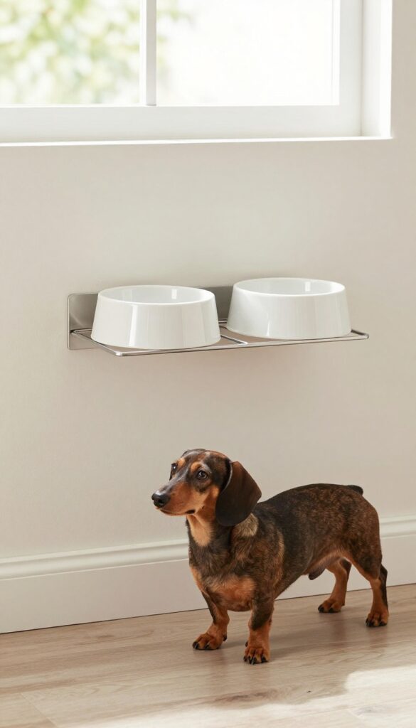 A slimline wall-mounted dog feeder with ceramic bowls in a bright mid-century modern kitchen, ideal for small spaces and stylish pet feeding.