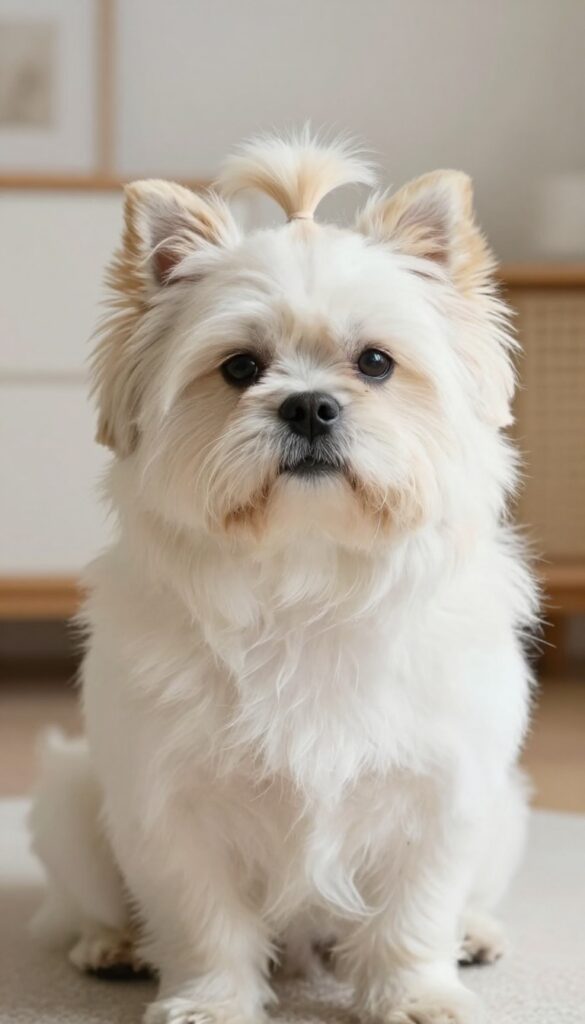 A Shih Tzu dog with a topknot hairstyle to keep hair out of its eyes, showcasing a simple grooming style in bright natural light.