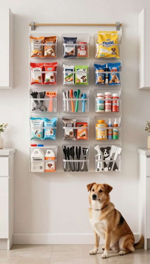 Over-the-door organizer for dog supplies in a bright kitchen, with clear pockets holding treats, bags, and tools, and a dog nearby.