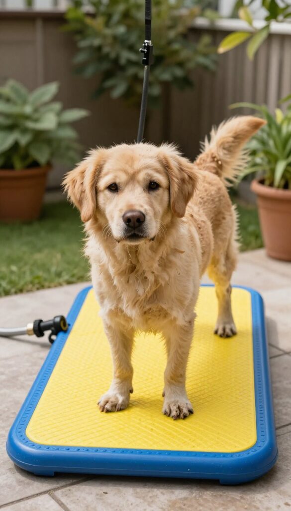 A photorealistic image of an outdoor dog grooming setup with colorful mats and a wash station, showing a dog being groomed in a bright, cheerful yard setting.