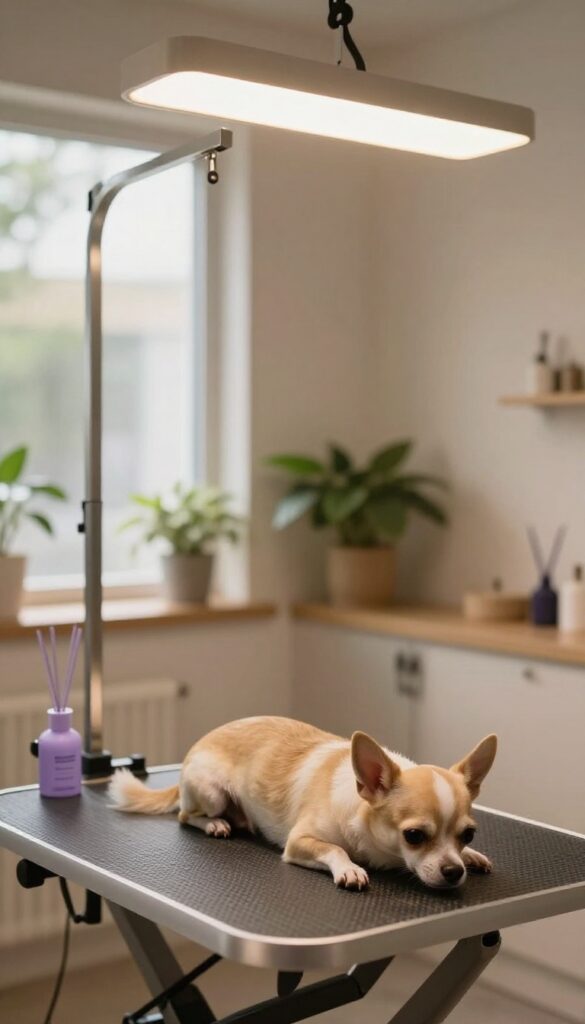 A serene dog grooming salon interior featuring soft lighting and calming lavender scents to help dogs relax during grooming.