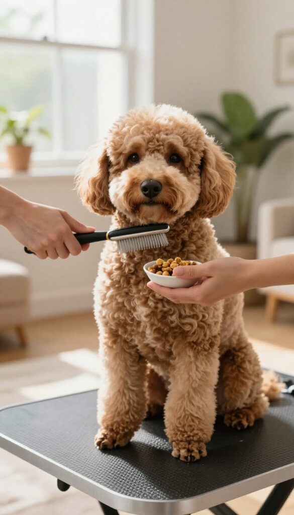 A Doodle dog receiving treats during grooming in a bright, natural setting to encourage positive behavior.