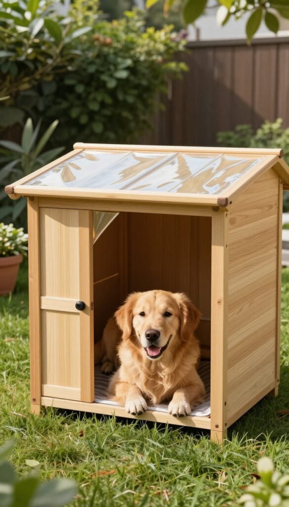 Dog house with sunshade and reflective roof in sunny backyard, golden retriever resting in shade