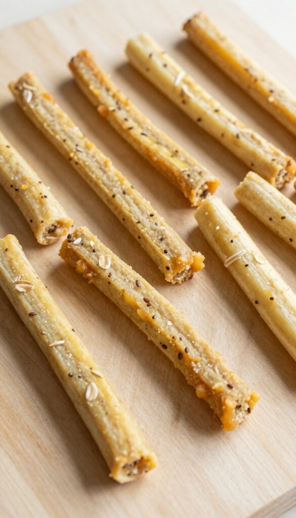 Homemade banana apple crunch sticks for dogs, arranged on a plain wooden surface, showcasing a firm and slightly crisp texture suitable for chewing enrichment.