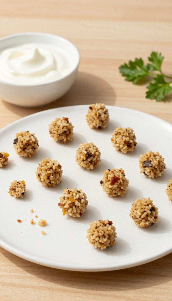 Homemade tuna and rice dog training treats on a plain plate with yogurt and parsley, showcasing easy pantry-ingredient recipes for dogs.