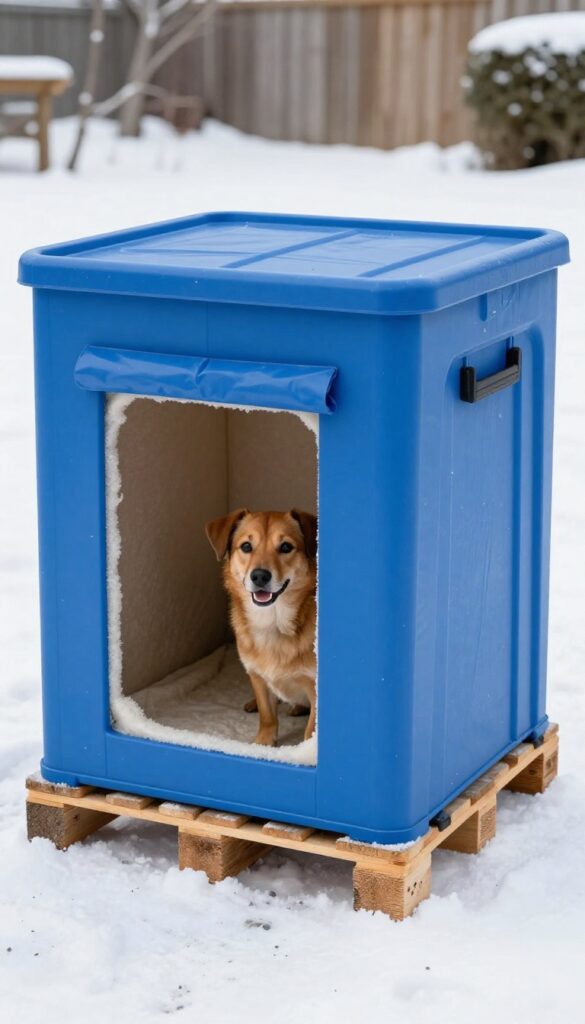 DIY insulated dog house from plastic storage tote in snowy backyard with dog peeking out