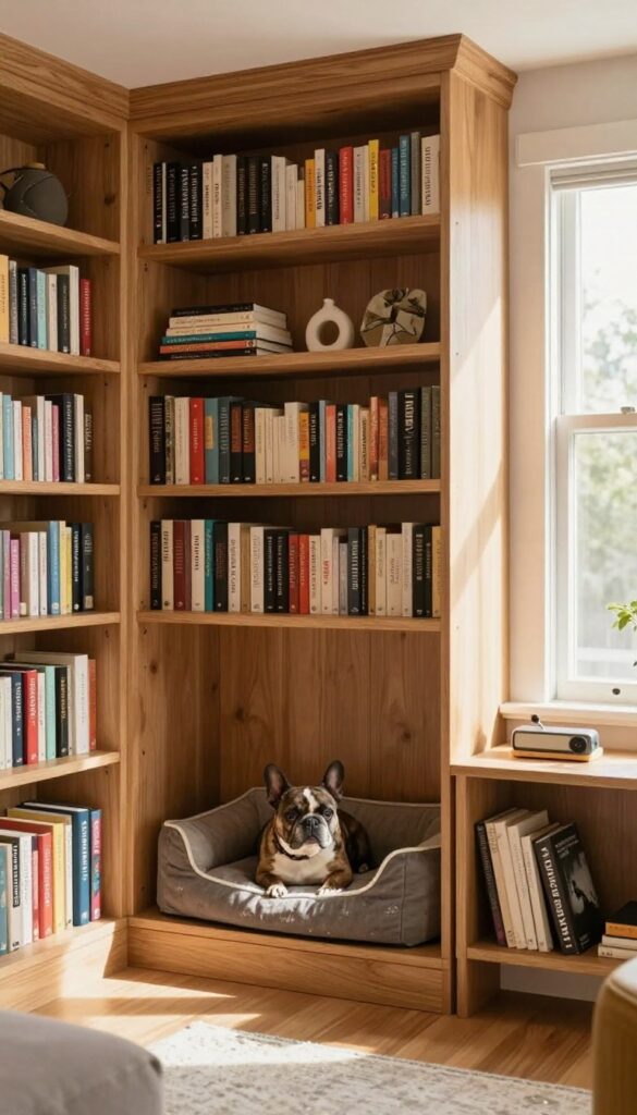 Built-in bookshelf nook converted into a cozy dog den with a sleeping French Bulldog