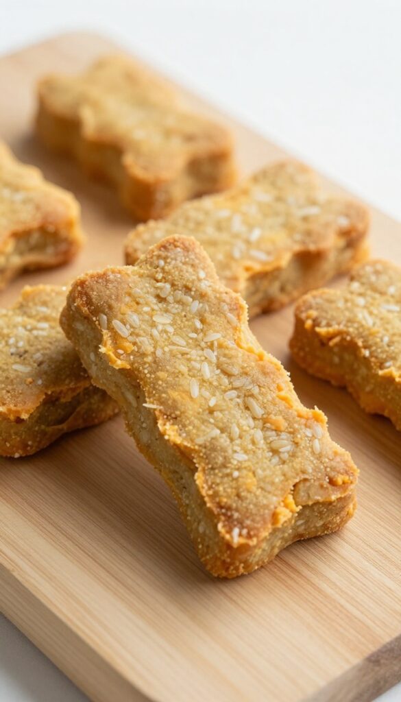 Close-up of homemade sourdough discard and sweet potato chewy squares for dogs, arranged on a plain wooden board in natural light.