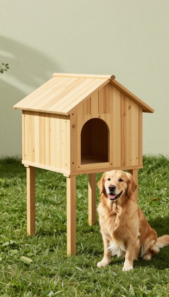 Elevated wooden dog house on legs with a Golden Retriever sitting beside it in a sunny backyard.