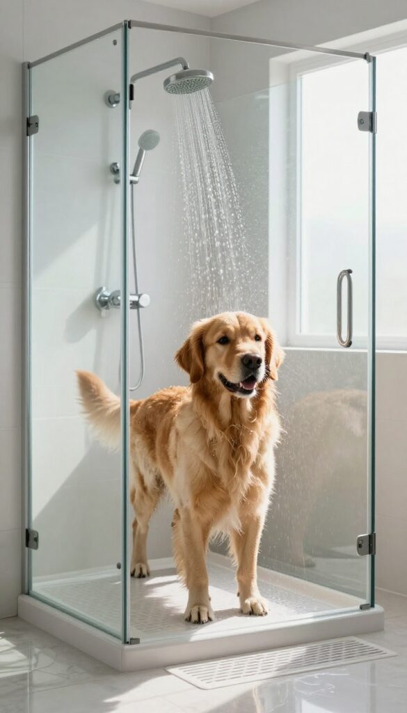 Walk-in shower converted into a dog washing station with handheld sprayer and non-slip mat
