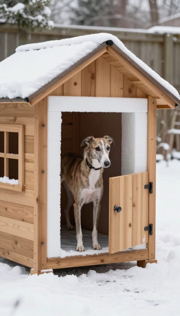 Insulated dog house in snowy backyard with dog peeking out