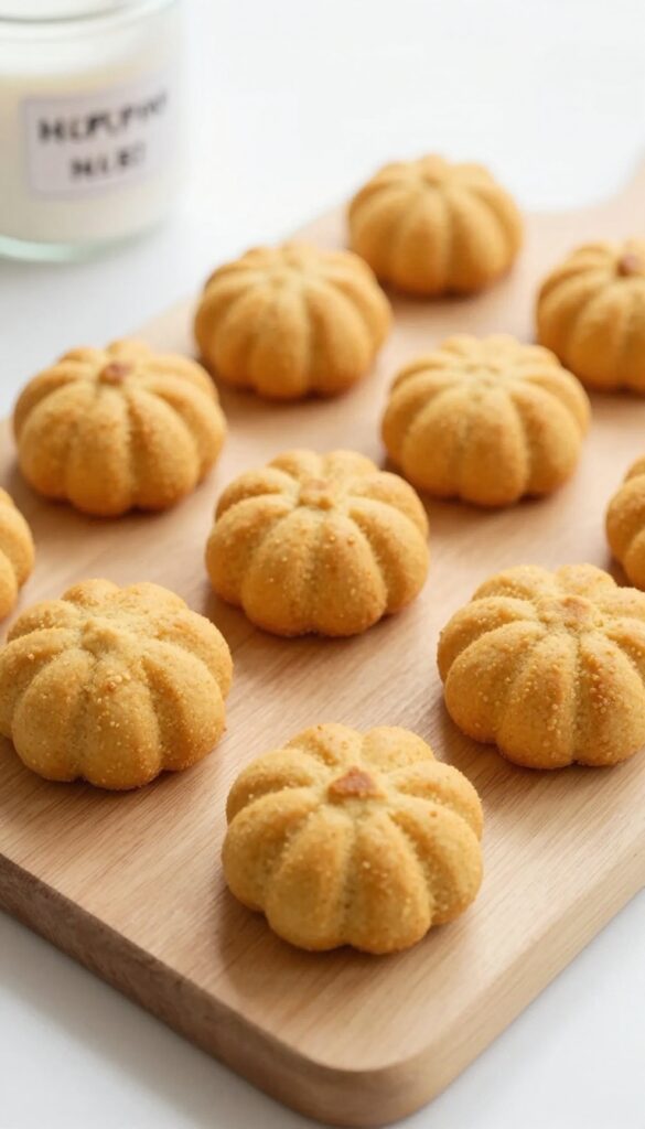 Homemade pumpkin oat dog biscuits for digestive health, arranged on a plain wooden board in natural light.