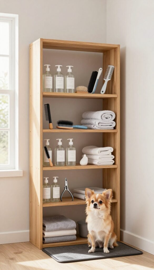 A narrow shelving unit organized with dog grooming supplies in a bright corner, featuring a small dog waiting calmly nearby.